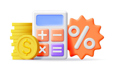 Poster - 3D Modern Calculator with Golden Coins, Percent Symbol. Mathematics. Financial Math Device with Money. Counting Budget and Savings Concept. Checking Profit Investment and Wealth. Vector Illustration