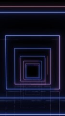 Poster - Neon lines in abstract movement as a tunnel of square elements with reflections on the floor - endless loop - vertical video for mobile devices and social media
