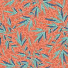Floral Seamless Pattern On Animalistic Leopard Background. Texture With Exotic Leaves. Trendy Botanical Template For Clothes, Textiles And Wrapping Paper.