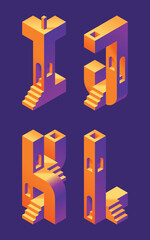 Wall Mural - Vector font set made in 3d isometric shape with stairs and windows