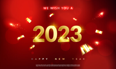Poster - 2023 Happy New Year Background Design. 2023 number on a red blurry background. Happy new year 2023 with gold confetti on red striped background. Greeting Card, Banner, Poster. Vector Illustration