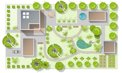 Wall Mural - top view landscape design plan with house, courtyard, lawn, garage. highly detailed plan of country 