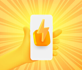Poster - Cute comic hand with app icon with lightning on smartphone. 3d vector illustration