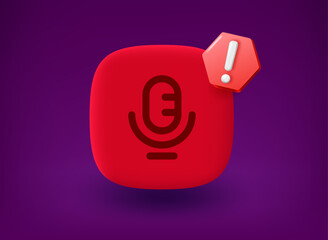 Poster - Red button with microphone icon and notice pictogram. 3d vector illustration