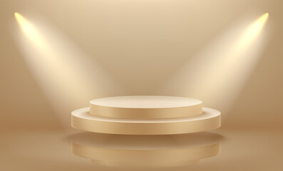 Sticker - Gold empty interior illuminated with projectors with levitated platform. 3d vector