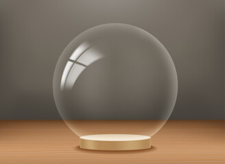 Poster - Empty showcase with transparent glass sphere. 3d vector presentation mockup