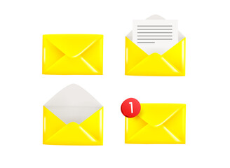 Poster - Different envelope icons collection. Opened and closed envelope, new mail and empty letter. 3d vector illustration