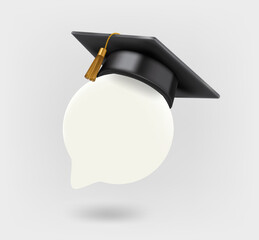 Wall Mural - Black graduation cap with blank speech cloud. 3d vector icon isolated on white background