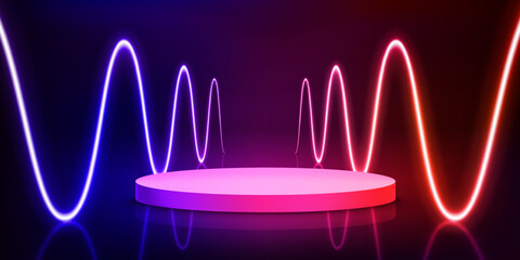 Aufkleber - Illuminated interior with empty podium and neon glowing waves. 3d vector illustration