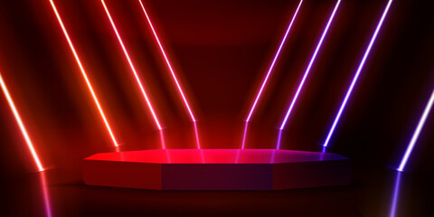 Aufkleber - illuminated interior with empty stage and red neon lights. 3d vector illustration