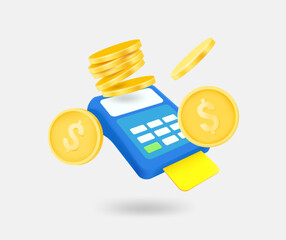 Poster - Payment terminal with golden coins. Pay or sale concept. 3d vector isolated illustration