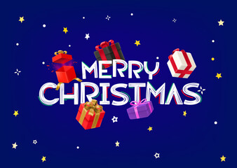 Poster - Merry Christmas vector greeting card with falling gift boxes. 3d vector illustration
