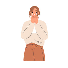scared woman crying, startled at smth. girl weeping in grif, anxiety. unhappy frightened person in t