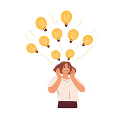 Poster - Creative ideas flow, inspiration and insights concept. Inspired happy woman with good imagination, creativity, thoughts, lightbulbs. Flat graphic vector illustration isolated on white background