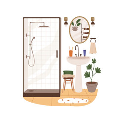 Wall Mural - Bathroom interior design with modern furniture. Shower enclosure, mirror, sink, washbasin, house plant and towels. Cozy Scandinavian bath room. Flat vector illustration isolated on white background