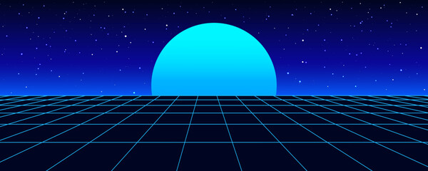 Poster - Digital retro perspective grid 1980s style. Futuristic cyber surface. 80s Retro Sci-Fi blue background. Album cover or banner in the style of the 80-90s Vector illustration.