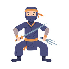 Wall Mural - Ninja or Shinobi Character as Japanese Covert Agent or Mercenary in Shozoku Disguise Costume with Sword in Fighting Pose Vector Illustration