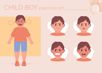 Poster - Angry excited little boy semi flat color character emotions set. Editable facial expressions. Offence vector style illustration for motion graphic design and animation. Quicksand font used