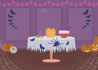 Poster - Halloween home party arrangement flat color vector illustration. Holiday meal. Seasonal event. Spooky decorations. Fully editable 2D simple cartoon interior with pumpkins on background