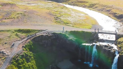 Wall Mural - Kirkjufell Waterfalls aerial view, Iceland in summer season