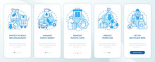 Becoming Zero Waste Brand Blue Onboarding Mobile App Screen. Walkthrough 5 Steps Editable Graphic Instructions With Linear Concepts. UI, UX, GUI Template. Myriad Pro-Bold, Regular Fonts Used