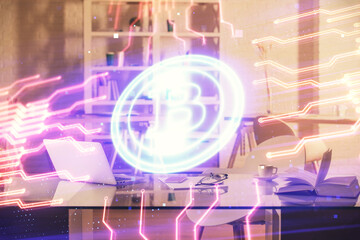 Poster - Double exposure of crypto technology theme drawing and office interior background. Concept of blockchain.
