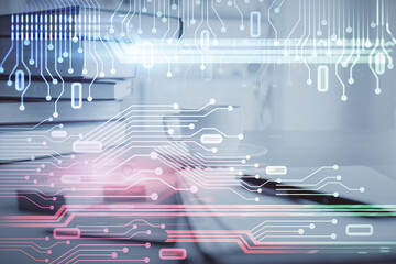 Aufkleber - Double exposure of technology theme drawing and desktop with coffee and items on table background. Concept of data research.