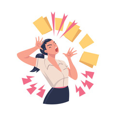 Poster - Furious Woman Office Employee with Fierce Face Shouting and Screaming Out Loud Vector Illustration