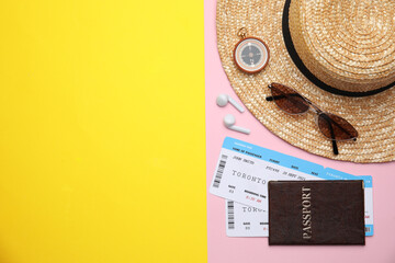 Sticker - Flat lay composition with passport, tickets and travel items on color background. Space for text