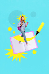 Sticker - Vertical collage of child kid girl walk carry backpack use telephone big marker paint opened copybook isolated on drawing background