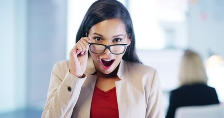 Poster - Shocked, surprised and wow face of business woman with glasses in office, excited about good news and omg expression after gossip at work. Portrait of happy latino employee in awe at rumor at company