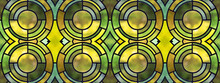Abstract Green Yellow Colorful Stained Glass,  Glass Art Window Texture Background Banner Panorama, With Seamless Circles Circular Pattern