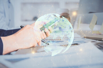 Poster - Double exposure of man's hands holding and using a phone and social network theme drawing.