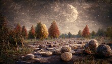 Night Sky With Stars And Moon, Rocky Terrain, Green Meadow And Trees With Orange Autumn Foliage