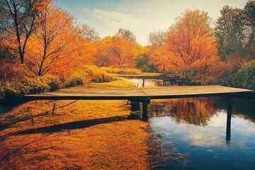 Poster - Autumn day on an orange glade with trees, a bridge over a pond