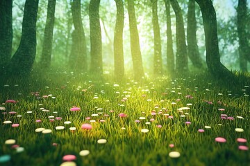 Poster - Forest glade with deciduous trees, green meadow with grass, bushes, bright flowers