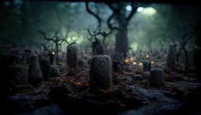 Background With Spooky Forest. Gloomy And Dark Trees In The Forest At Night.