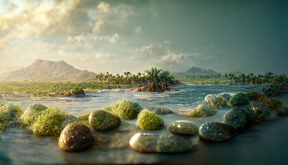 Poster - Summer tropical landscape of the ocean coast with islands, with rocks and stones
