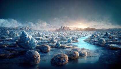 Planet on a winter evening, a pool of cold water among frozen blocks