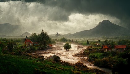 Poster - Storm, trees, roads and puddles on a rainy day. Houses at the foot of the mountains