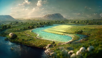 Canvas Print - Green landscape with lake and agricultural fields. river and rocks