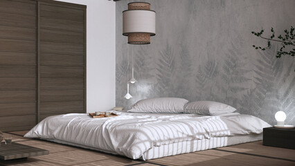 Wall Mural - Japandi bedroom in white and dark tones, japanese style. Double bed, tatami mats, paper lamp, meditation zen space. Minimalist interior design