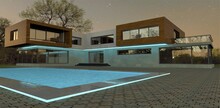 Night LED Illumination Of A Suburban Advanced House. The Pool Is Also Illuminated With Turquoise Light. Wonderful Starry Sky. 3d Render.