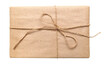Craft brown present box with vintage rope bow, isolated transparent png