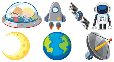 Wall Mural - Set of space cartoon characters and objects