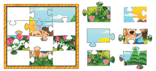 Wall Mural - girl and dog photo jigsaw puzzle game template
