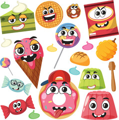 Wall Mural - Sweet dessert cartoon characters set