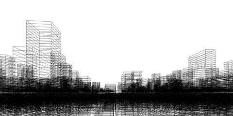 Poster - wireframe perspective background. building wireframe. wireframe city background.