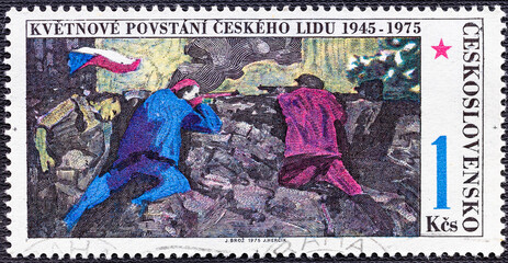 Wall Mural - CZECHOSLOVAKIA -CIRCA 1975: A post stamp printed in CZECHOSLOVAKIA devoted to the 30th Anniversary of Czech Rising.