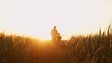 Farmer And His Son In Front Of A Sunset Agricultural Landscape. Man And A Boy In A Countryside Field. Fatherhood, Country Life, Farming And Country Lifestyle.